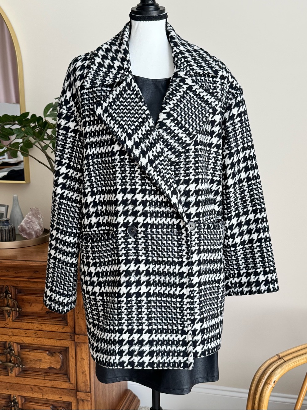 🔹 Avec Les Filles Black & White Houndstooth Wool Blend Coat | Size S - Picture 2 of 6